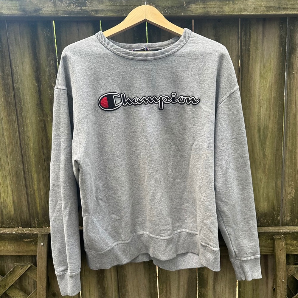 Champion Powerblend Script Logo Crewneck Sweatshirt Gray Pullover Fleece Size XL - Picture 2 of 11